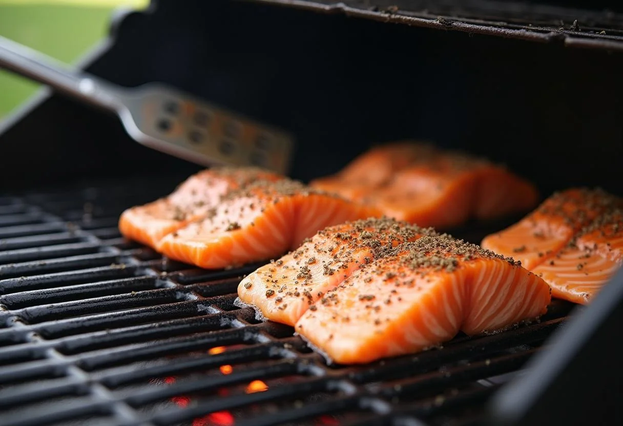 Lachs fillets auf dem Grill für das perfekte Grillen mit hervorragenden Grillmarkierungen.