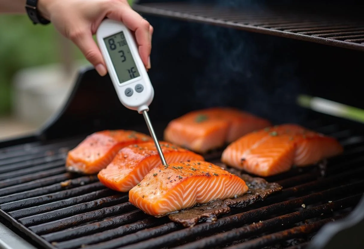 Überprüfung der Garzeit des Lachs auf dem Grill für ein perfektes Ergebnis.