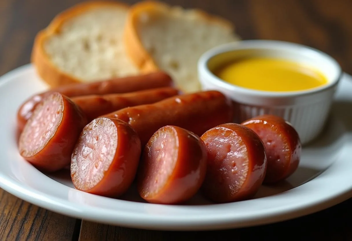 Finished bratwurst served with mustard, perfect for a meal cooked in der heißluftfritteuse.