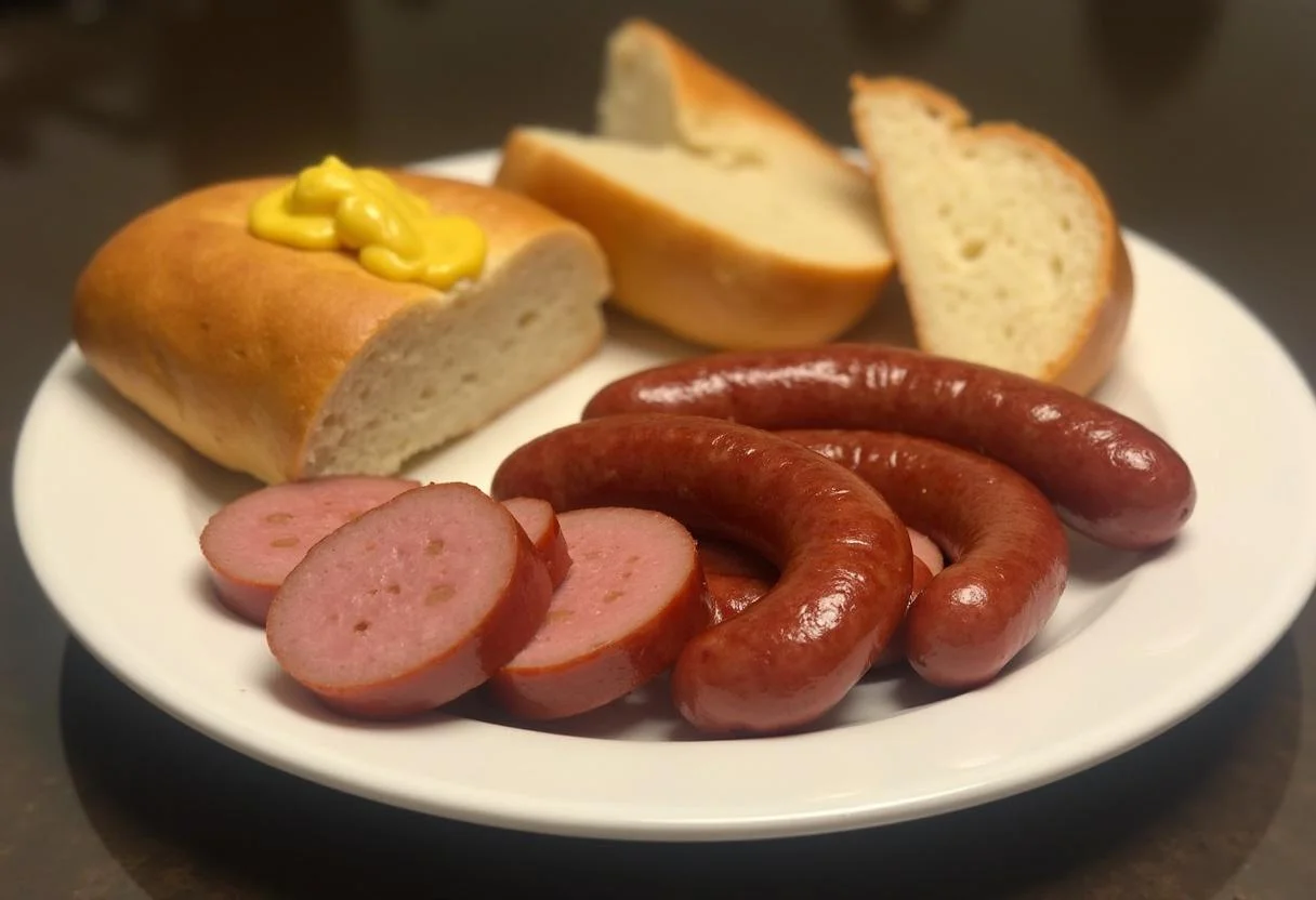 Finished bratwurst served with mustard, perfect for a meal cooked in der heißluftfritteuse.