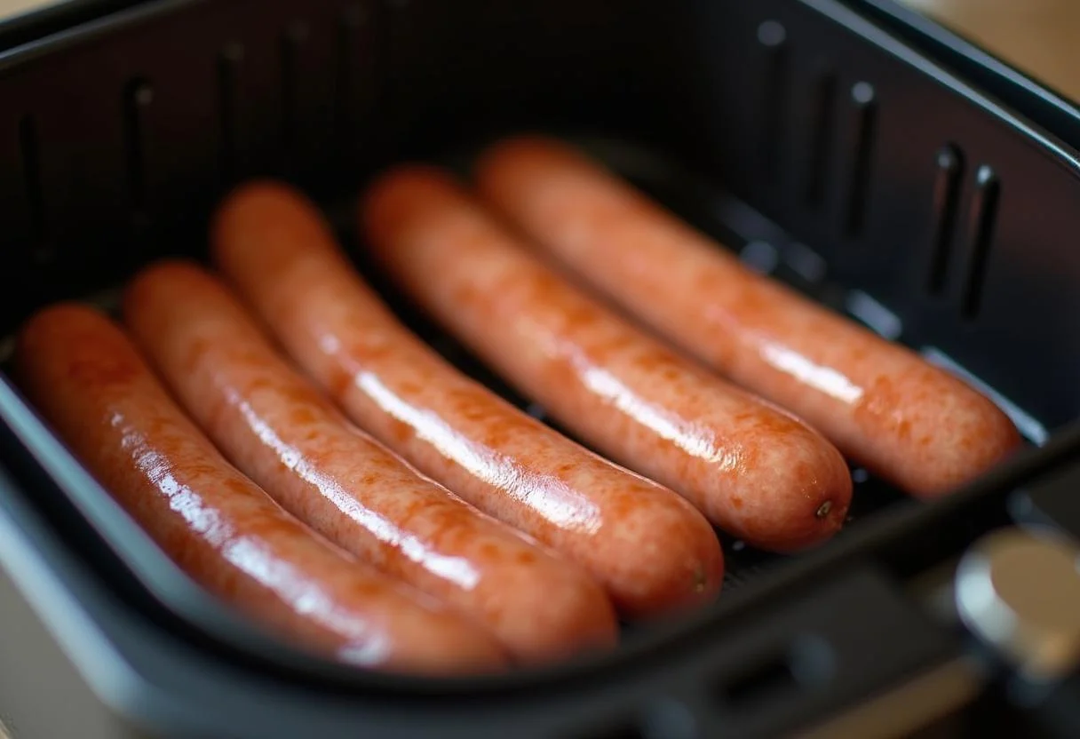 Bratwurst sausages arranged in the hot air fryer for perfect cooking in der heißluftfritteuse.