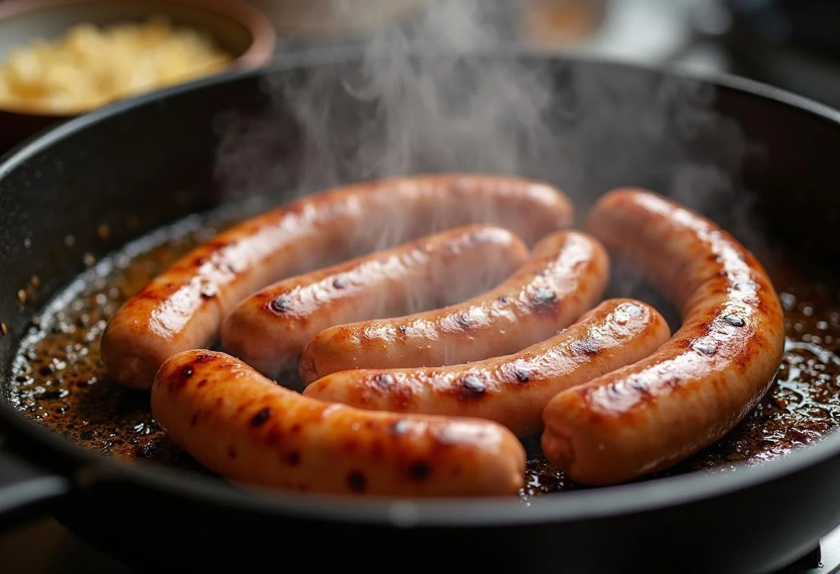 Bratwurst sausages cooking in der heißluftfritteuse, creating a perfect texture and flavor.