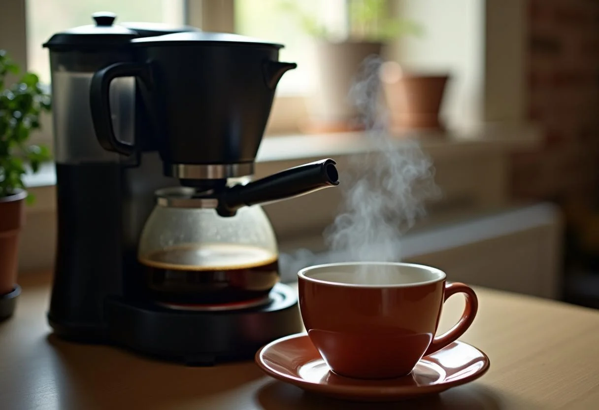 Wasser kocht im Wasserkocher zur Zubereitung von Kaffee mit Milch, die Kalorien im Blick.