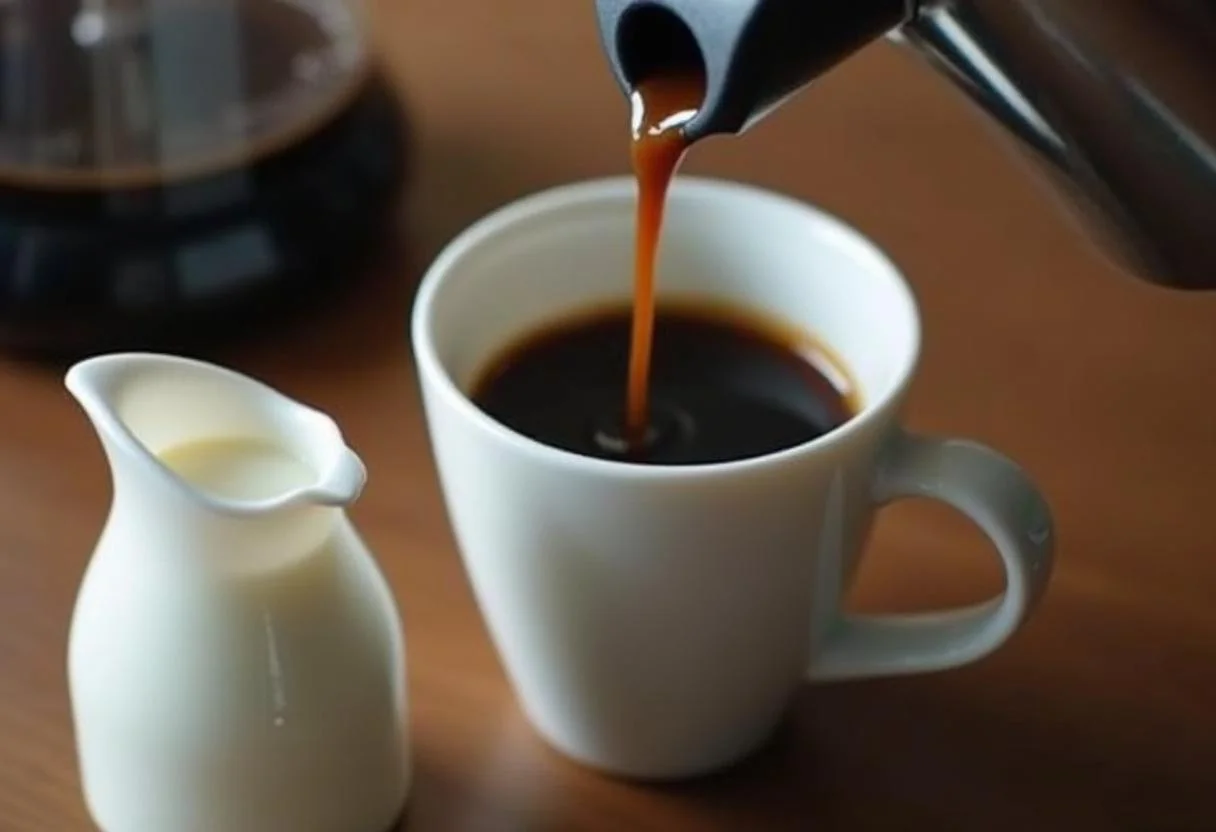 Frisch gebrühter Kaffee wird in eine Tasse gegossen, ideal für kalorienbewussten Kaffee mit Milch.