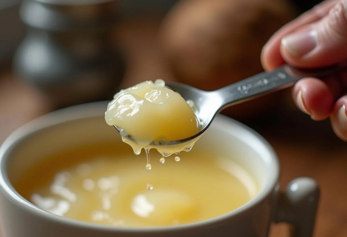Coconut oil being measured and added to melted shea butter for optimal skin and hair care.