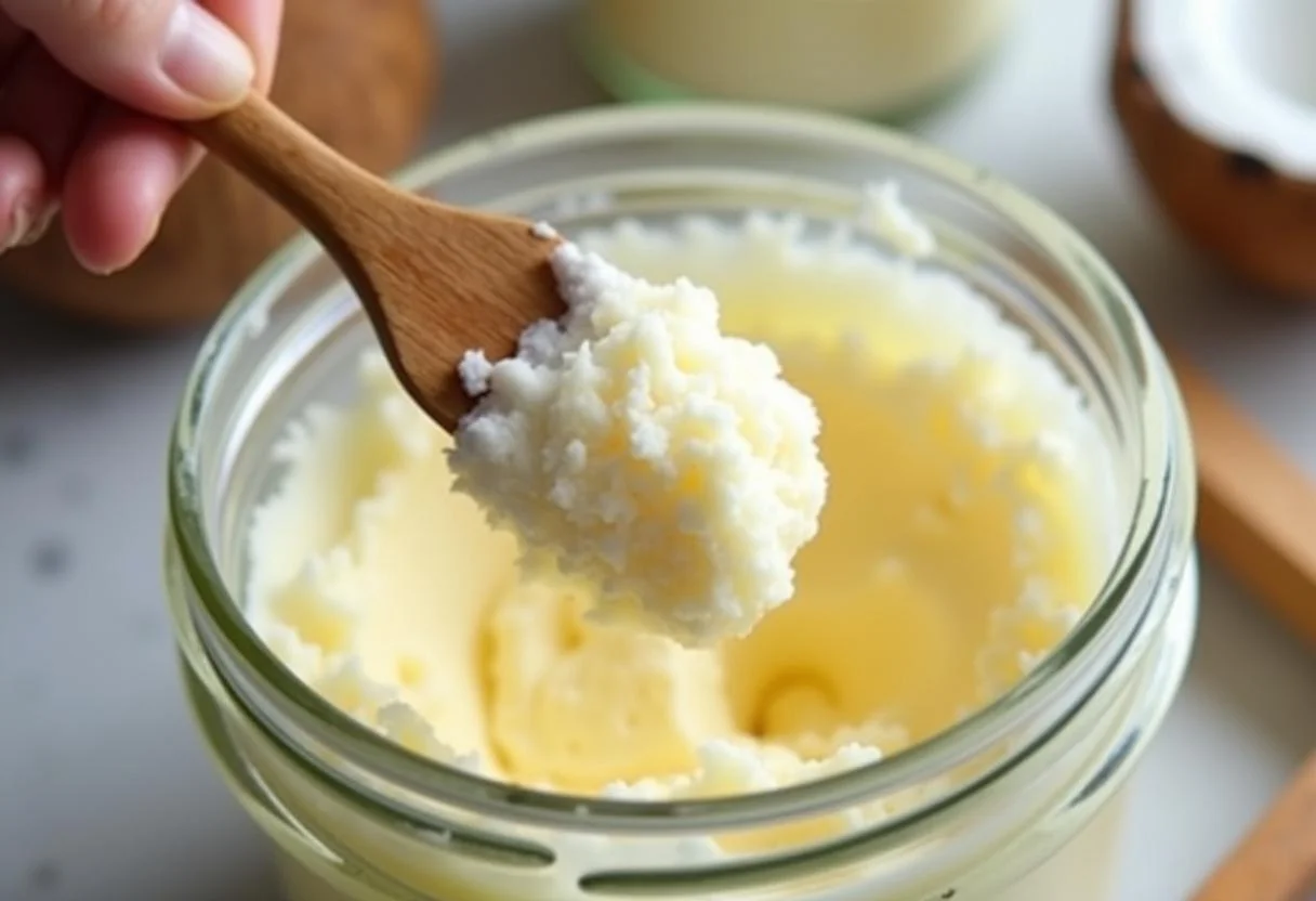 Mixing shea butter and coconut oil to create a nourishing blend for skin and hair care.