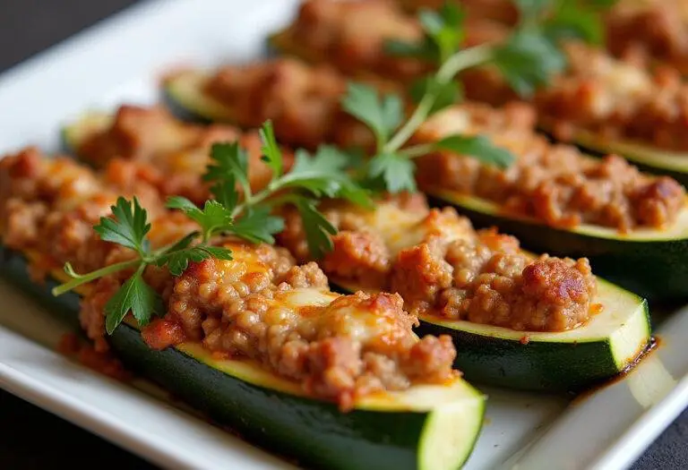Fertige gefüllte Zucchini mit Hackfleisch, perfekt servierfertig für ein leckeres Abendessen.