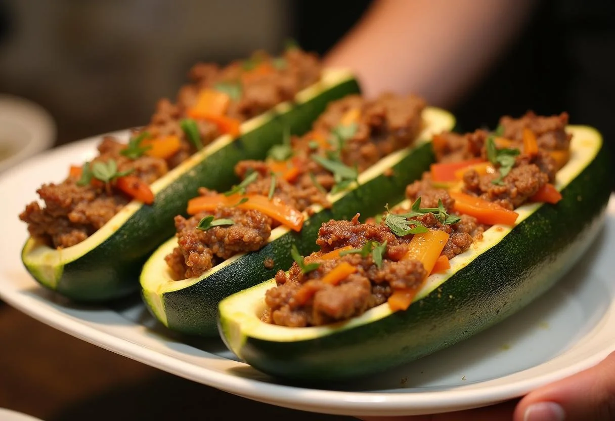Fertige gefüllte Zucchini mit Hackfleisch, perfekt servierfertig für ein leckeres Abendessen.