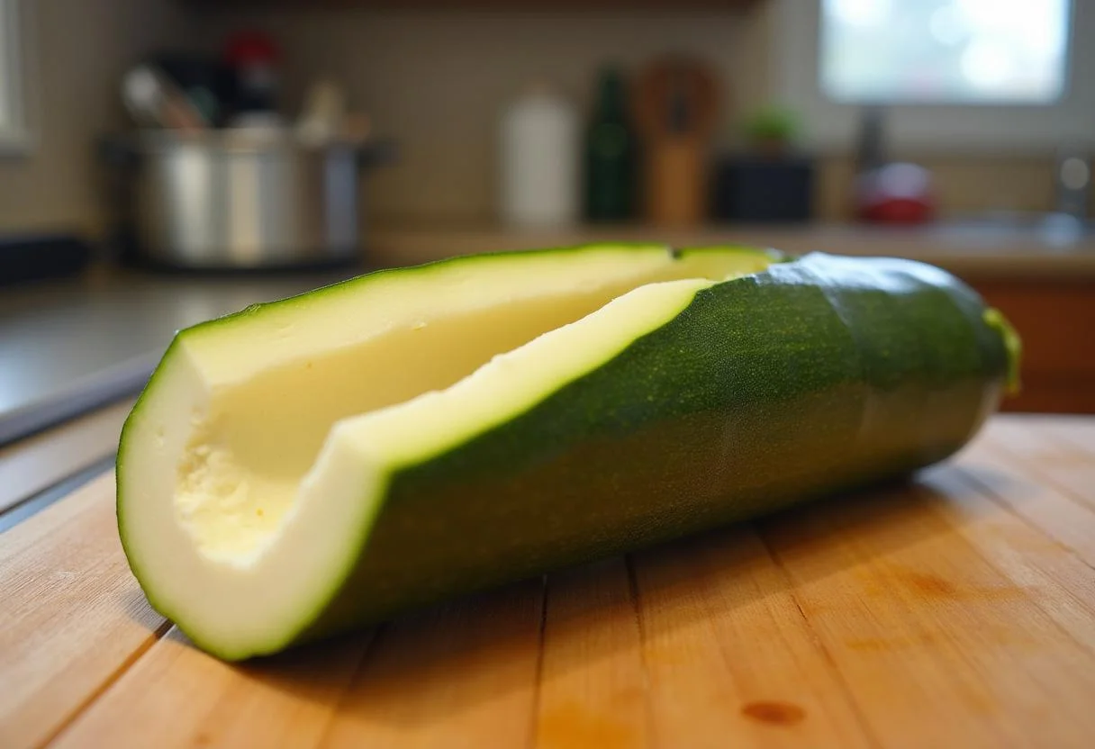 Frische Zucchini, die für das rezept gefüllte paprika mit hackfleisch und reis vorbereitet wird.