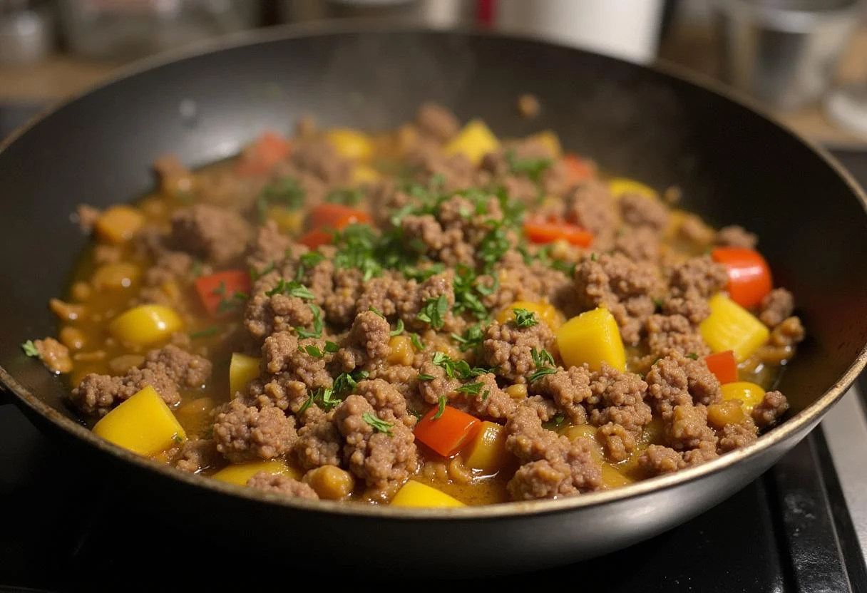 Gebratenes Hackfleisch und Gemüse in der Pfanne für rezept gefüllte paprika mit hackfleisch und reis.