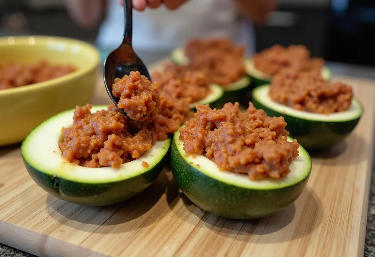 Gefüllte Zucchinihälften mit Hackfleischmischung für rezept gefüllte paprika mit hackfleisch und reis.
