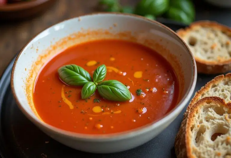 Fertige Tomatensuppe mit frischen Tomaten, perfekt serviert für eine Sommermahlzeit.