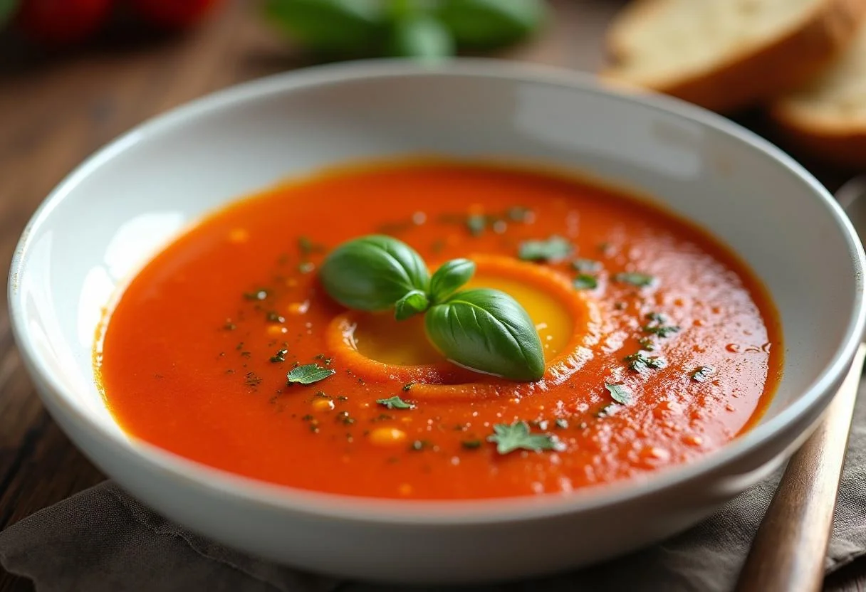 Fertige Tomatensuppe mit frischen Tomaten, perfekt serviert für eine Sommermahlzeit.