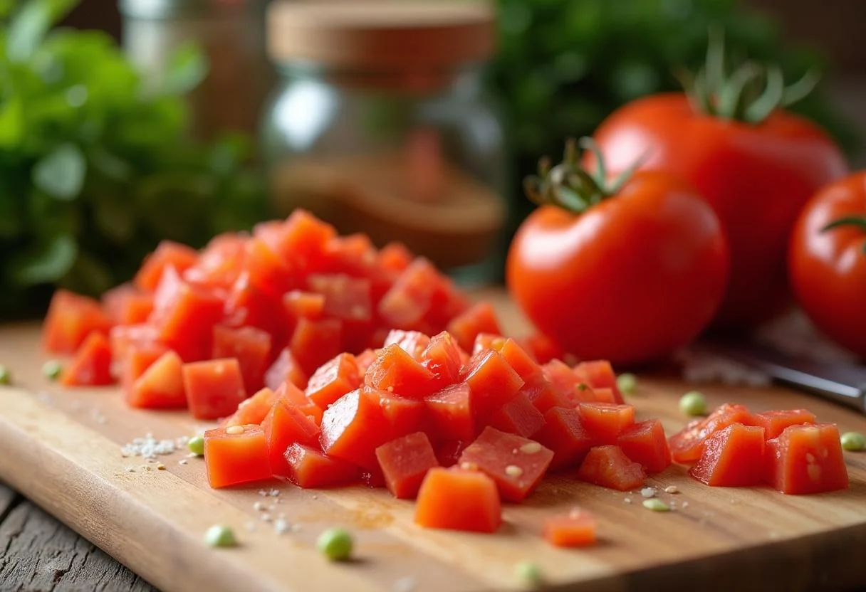 Frische Tomaten werden für die Tomatensuppe auf einem Schneidebrett gewürfelt.