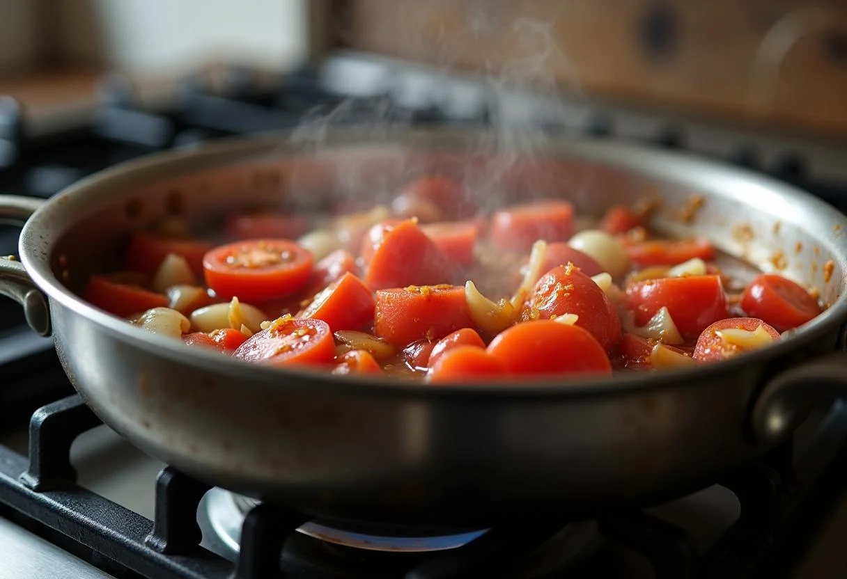 Diced tomatoes, onions, and garlic in a pot cooking for eine köstliche Tomatensuppe.