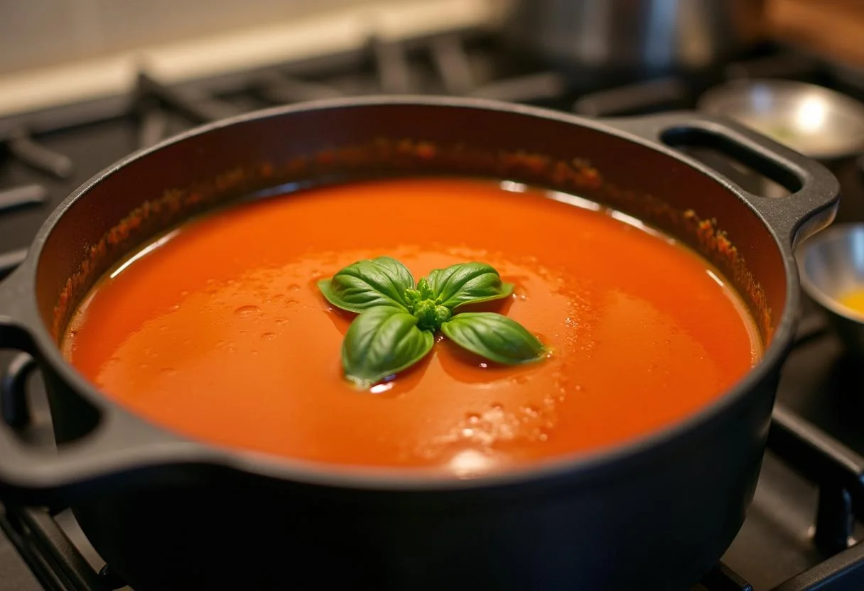 Köchelnde Tomatensuppe mit frischen Kräutern auf dem Herd.