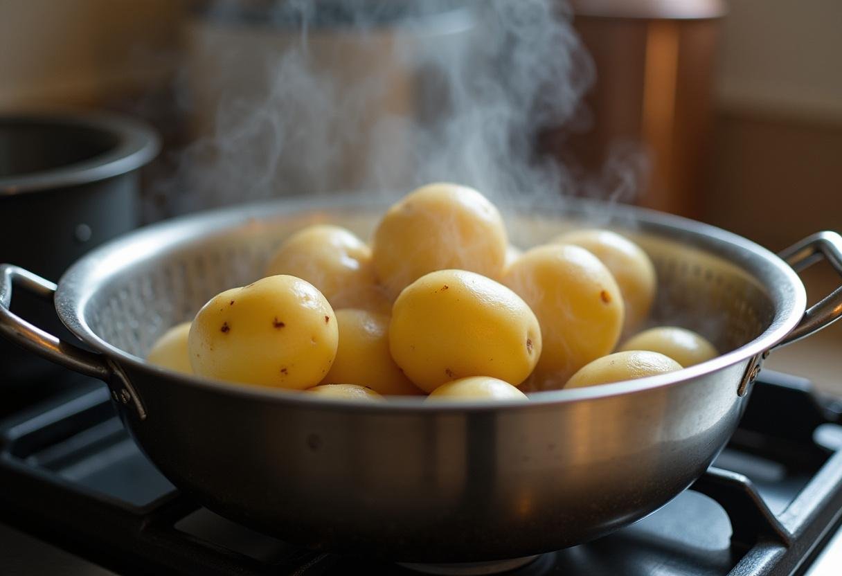 Gekochte Kartoffeln in einem Sieb, bereit zur vielseitigen Verwendung in verschiedenen Rezepten.