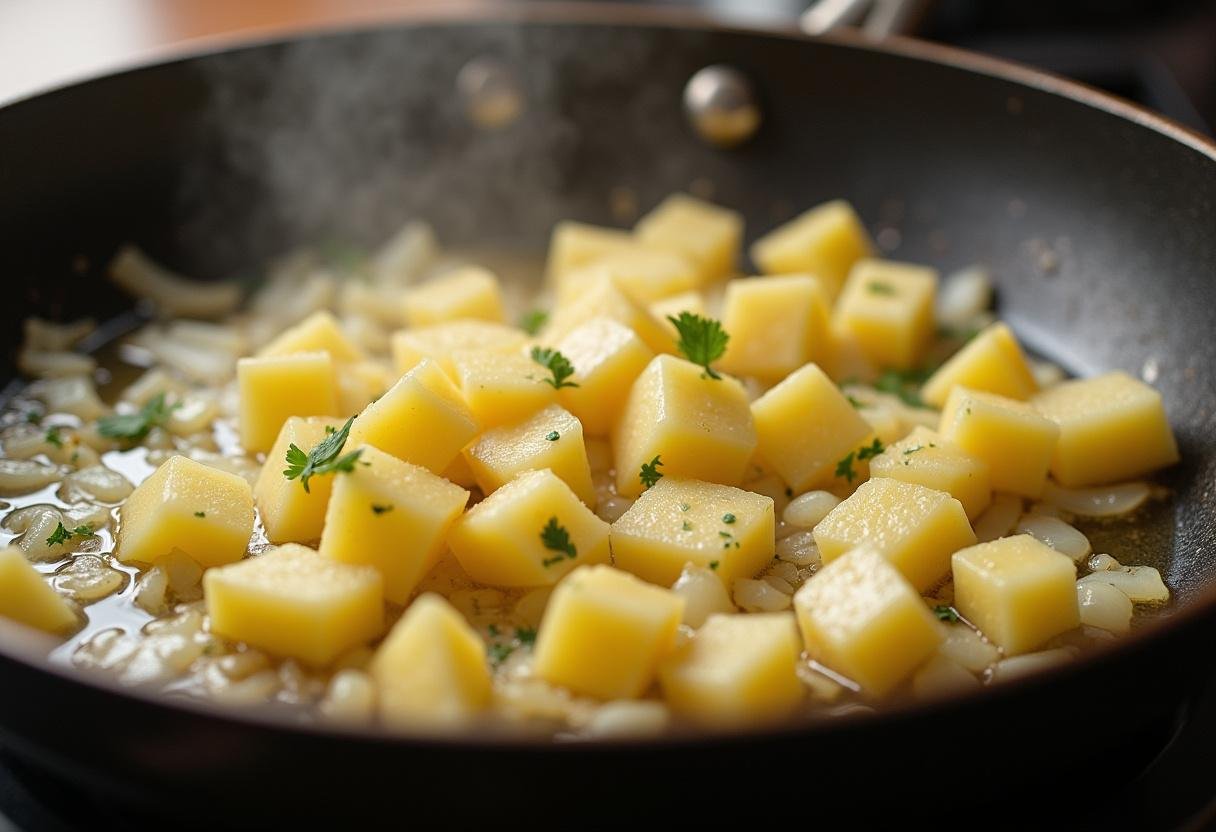 Bratkartoffeln mit gekochten Kartoffeln und Zwiebeln in einer Pfanne zubereitet für ein leckeres Gericht.