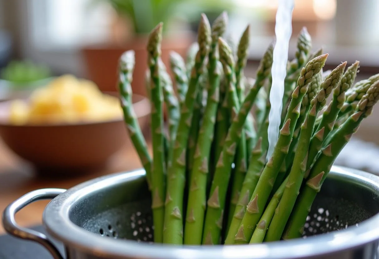 Frischer grüner Spargel wird gewaschen für das Rezept Nudeln mit grünem Spargel Saison Genuss.