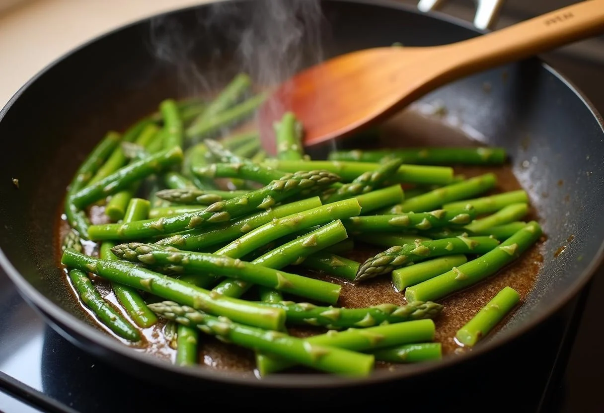 Grüner Spargel wird in der Pfanne für Nudeln mit grünem Spargel angebraten.