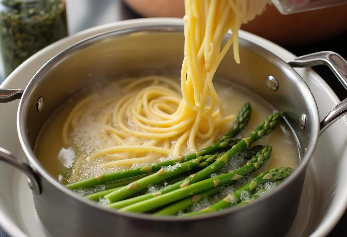Pasta wird in kochendes Wasser für das Rezept Nudeln mit grünem Spargel gegeben.