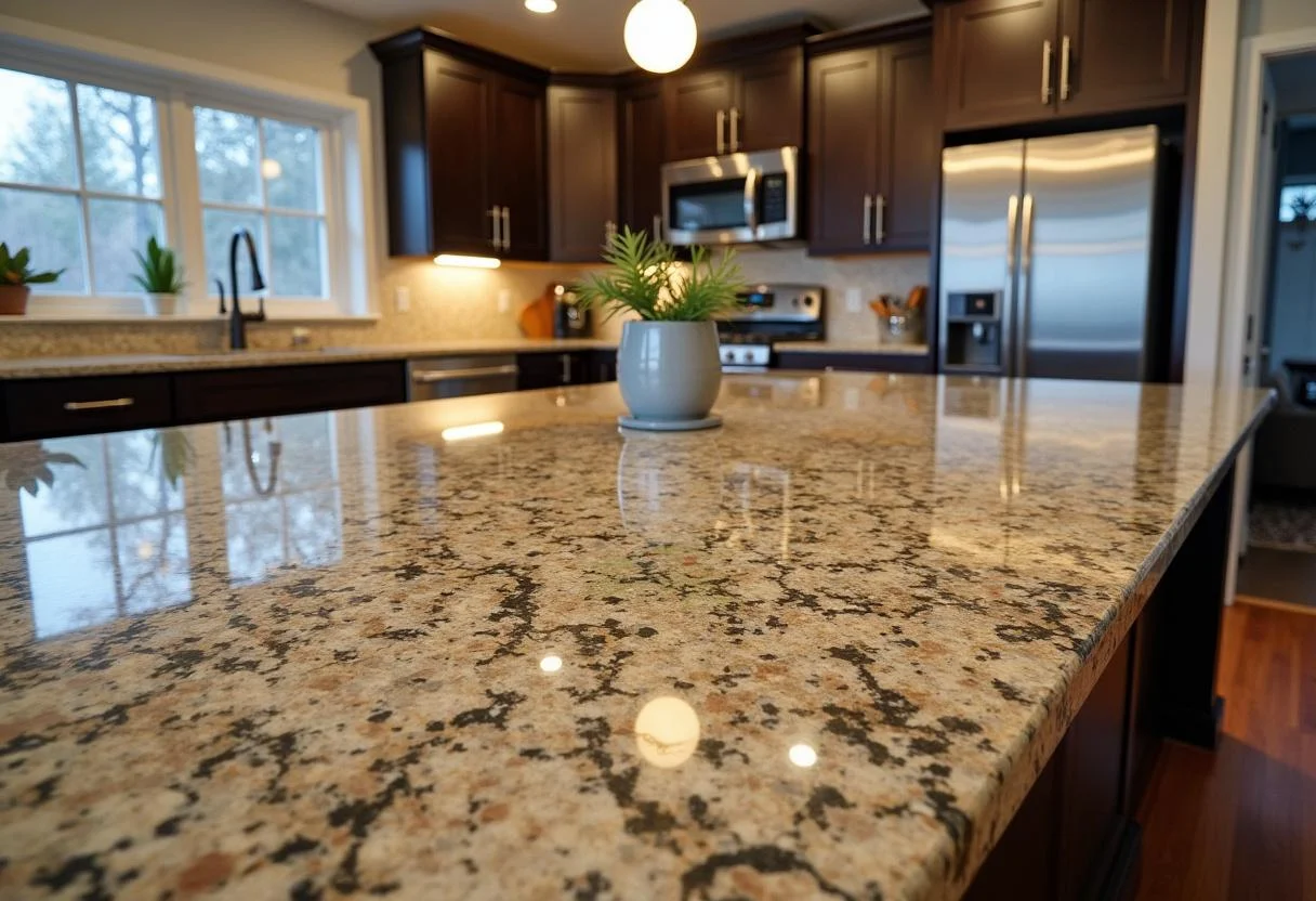 Elegante Arbeitsplatte aus Granit in einer modernen Küche, ideal für das Kochen und Zubereiten von Mahlzeiten.
