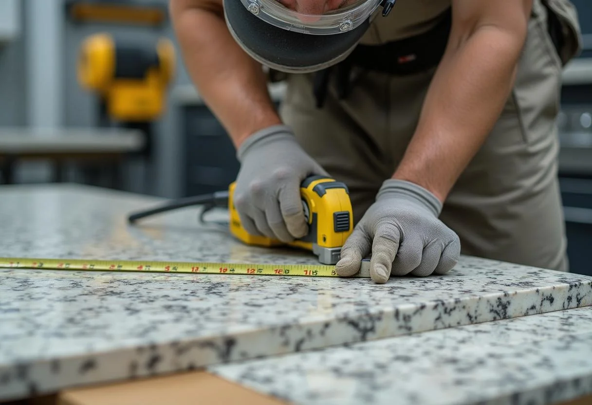 Handwerker schneidet eine Arbeitsplatte aus Granit für die Küche, wichtig für präzise Maße und Anpassungen.
