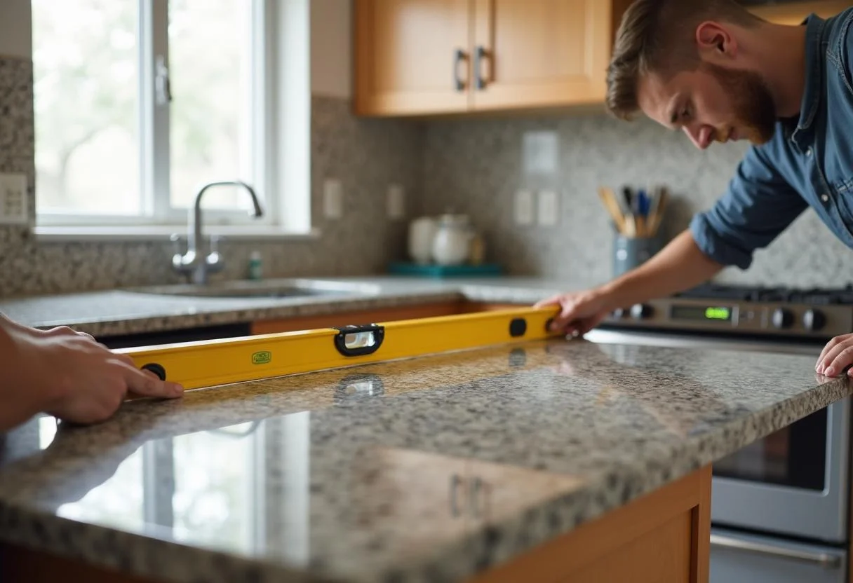 Installateur platziert die Granit Arbeitsplatte in der Küche, wichtig für Stabilität und Design.