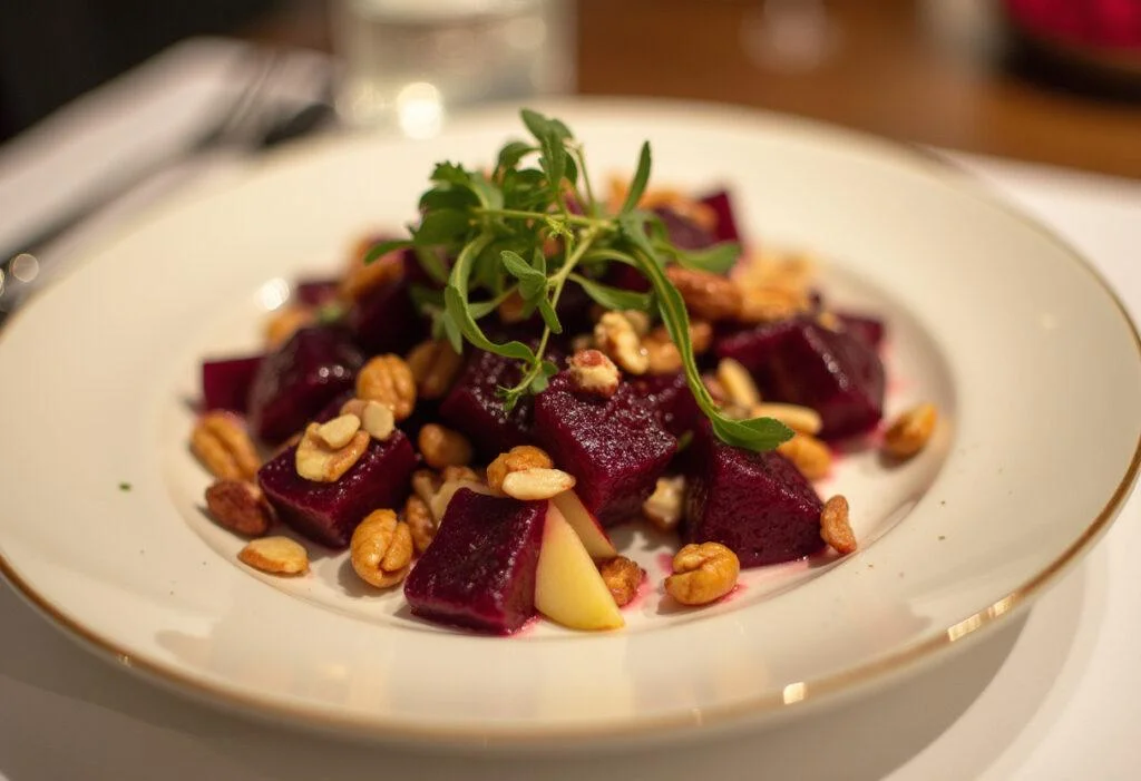 Fertig servierter roter Bete Salat mit Apfel, bereit zum Genießen.