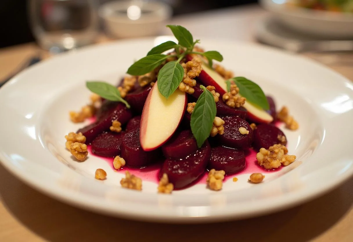 Fertig servierter roter Bete Salat mit Apfel, bereit zum Genießen.