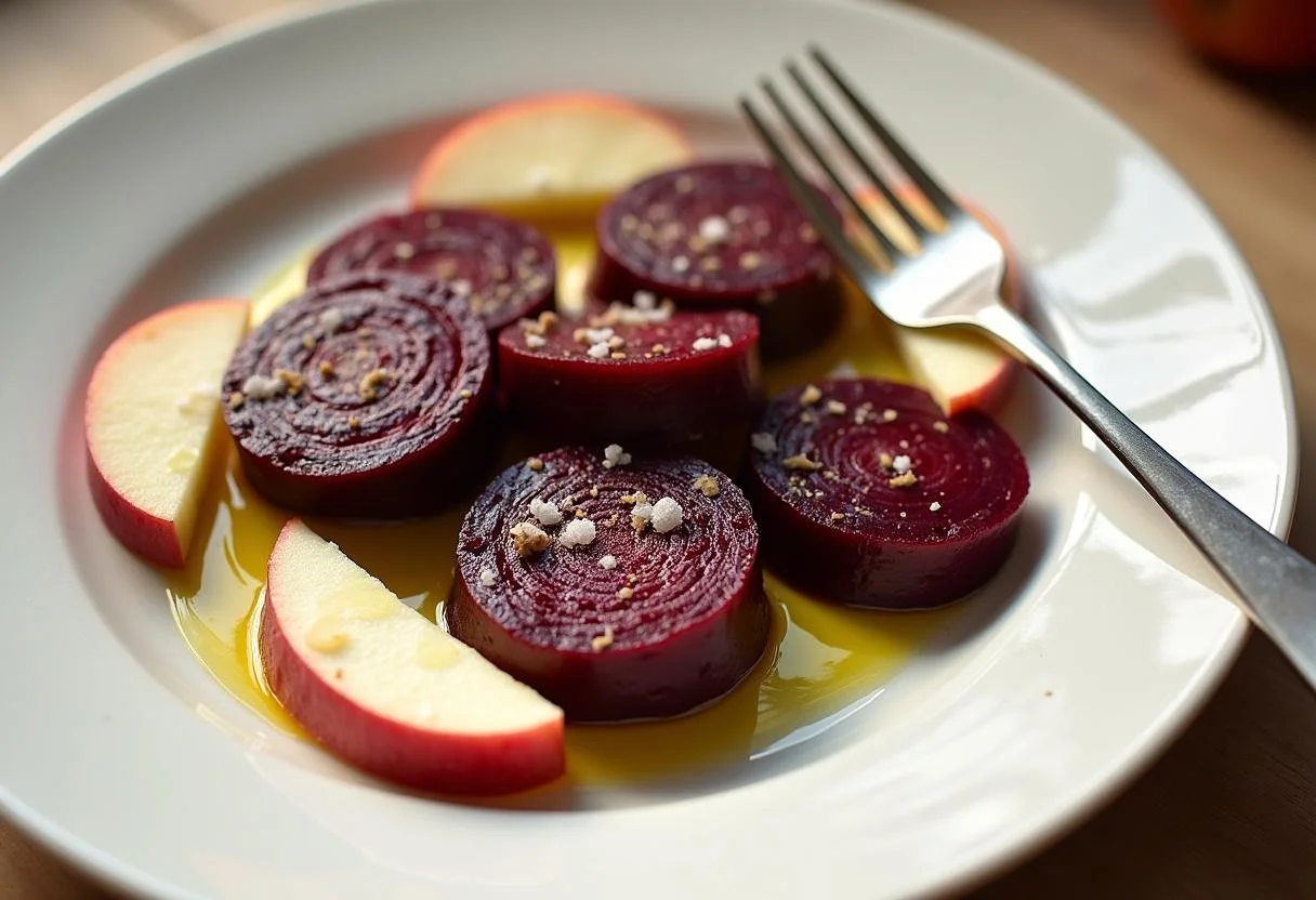 Geschnittene rote Bete und Äpfel für den roten Bete Salat mit Äpfeln.