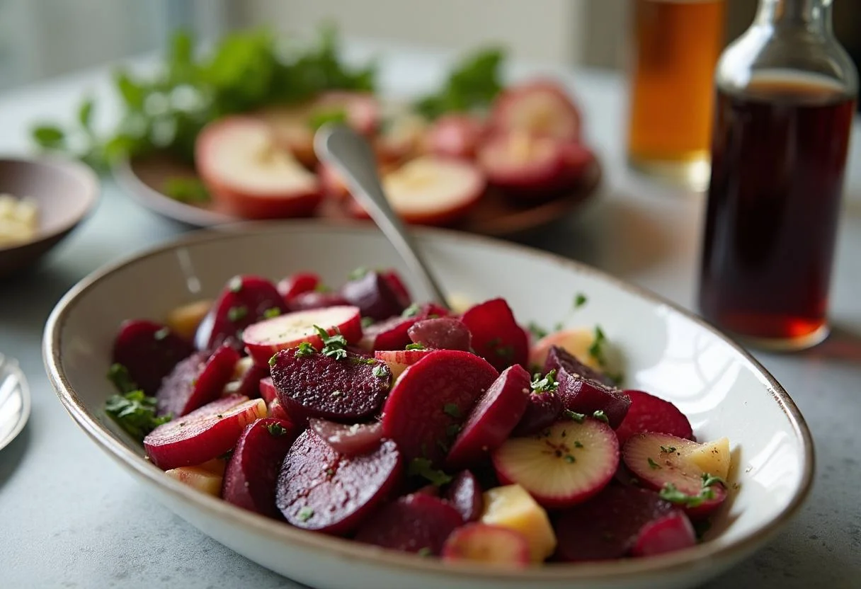 Füllung eines Serviertellers mit rotem Bete Salat mit Apfel.