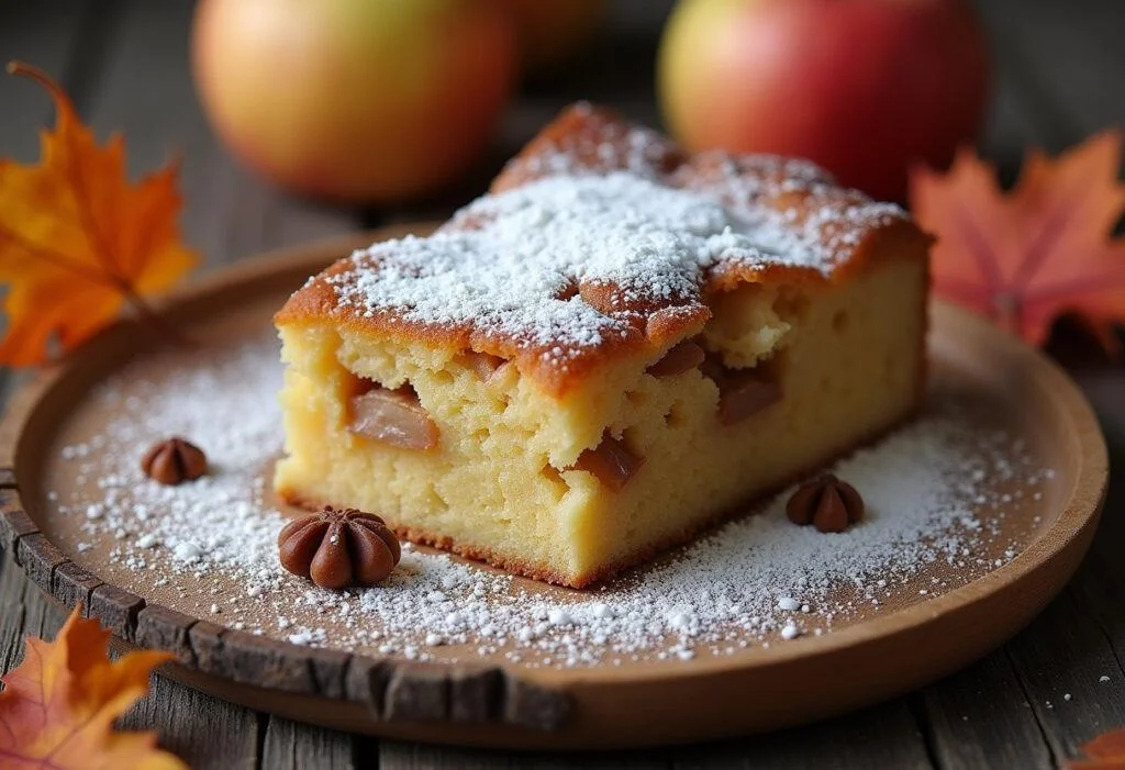 Fertiger saftiger Apfel Nuss Kuchen auf einem rustikalen Teller, ideal für herbstliche Anlässe.