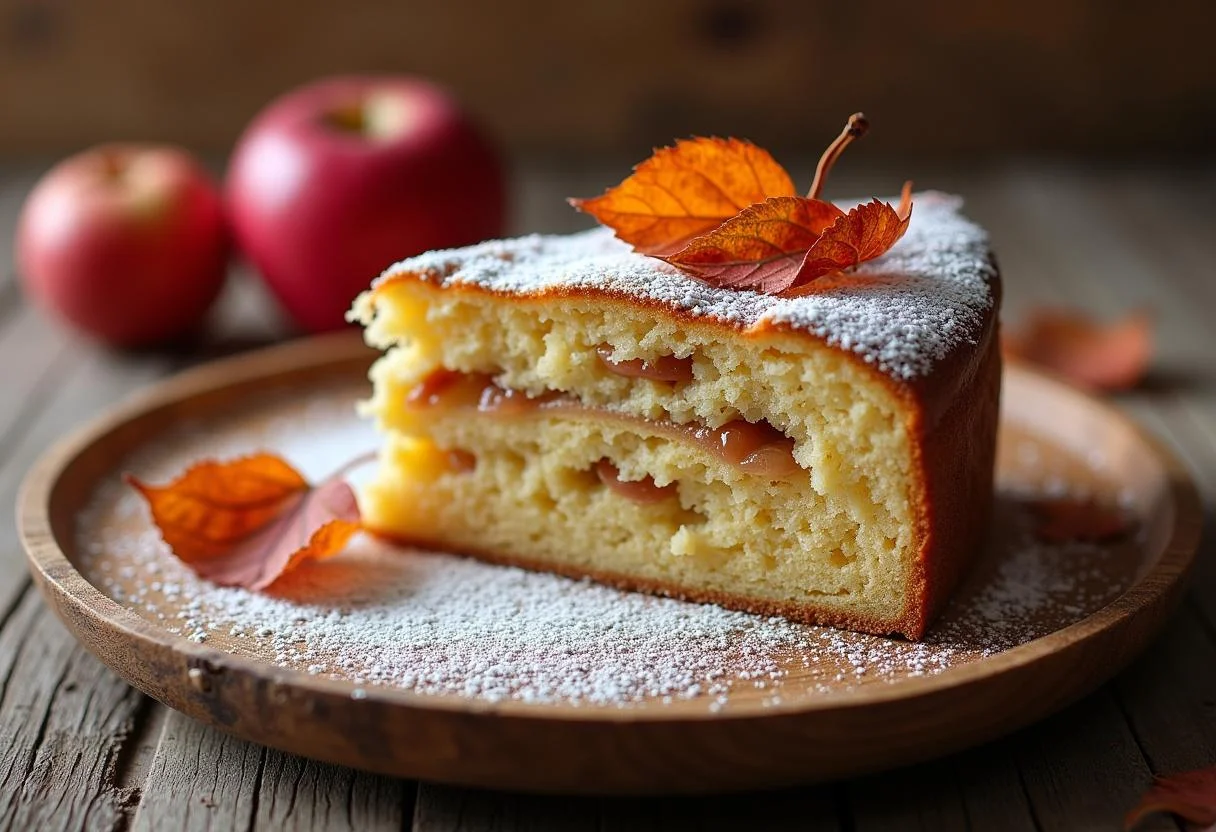 Fertiger saftiger Apfel Nuss Kuchen auf einem rustikalen Teller, ideal für herbstliche Anlässe.