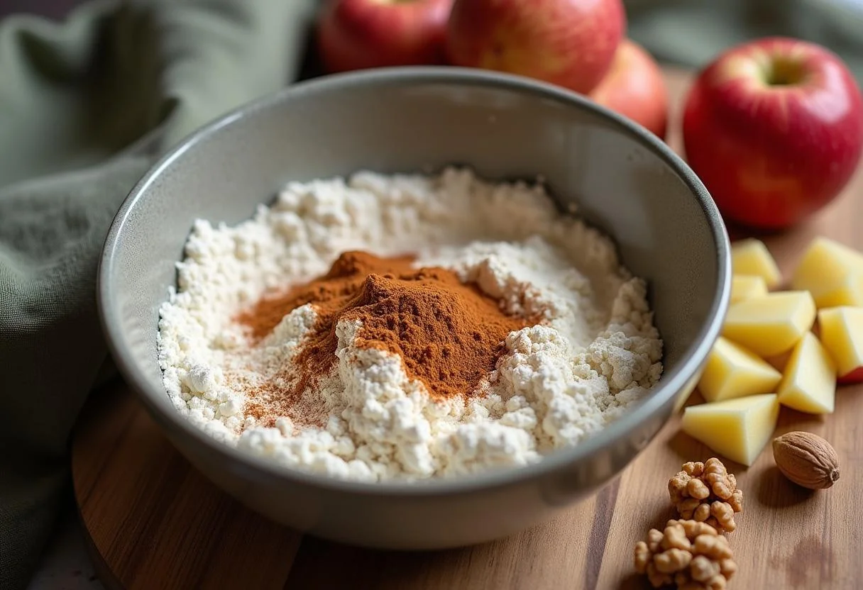 Zutaten für einen saftigen Apfel Nuss Kuchen in einer Rührschüssel vorbereitet.