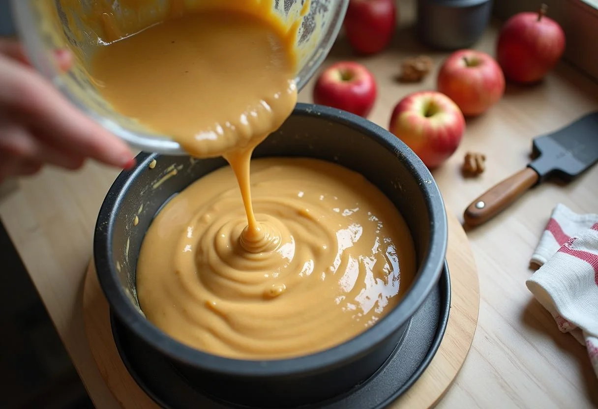 Der Teig für den Apfel Nuss Kuchen wird in eine gefettete Kuchenform gefüllt.