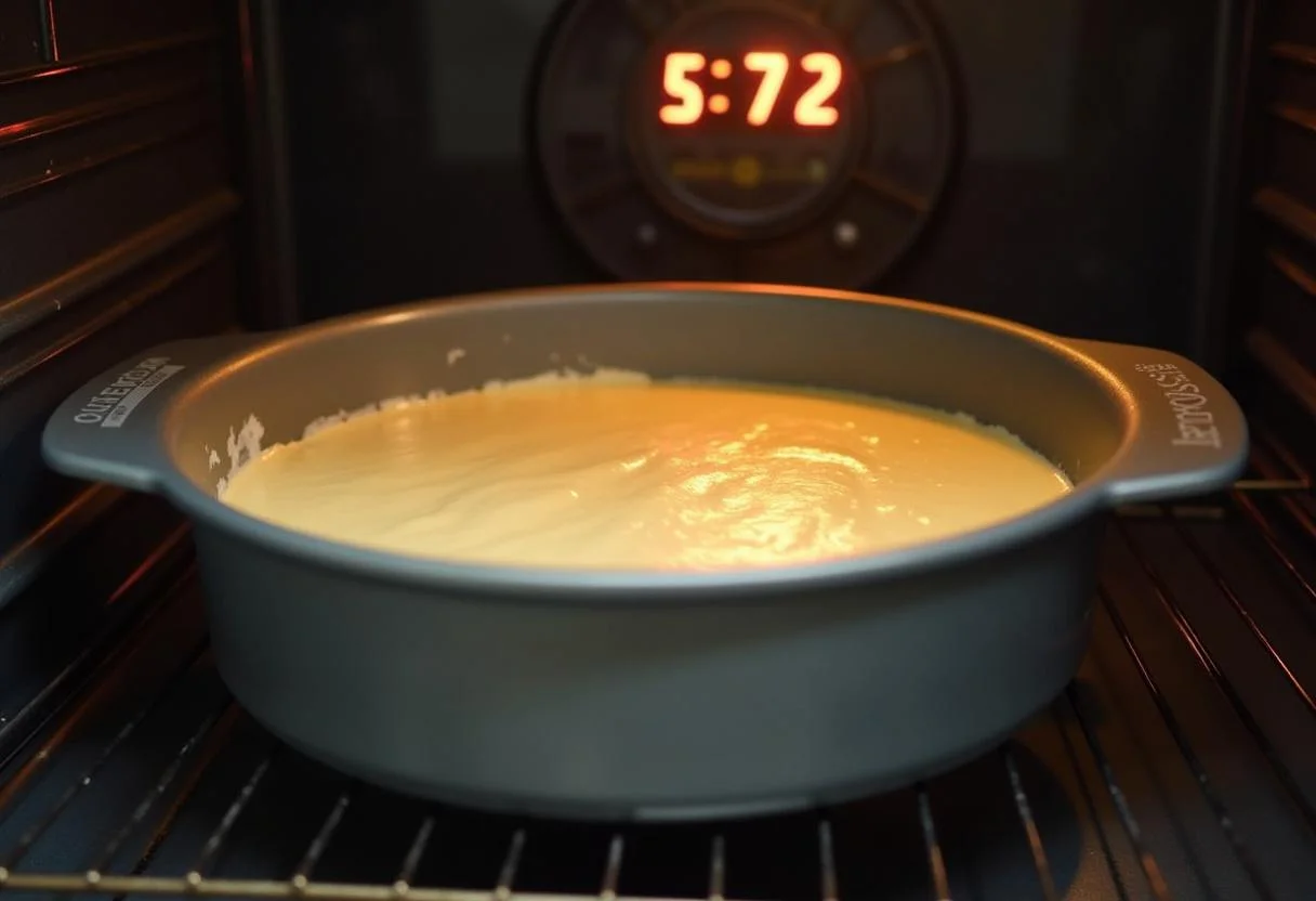 Die Kuchenform mit dem Apfel Nuss Teig wird in den Ofen geschoben.