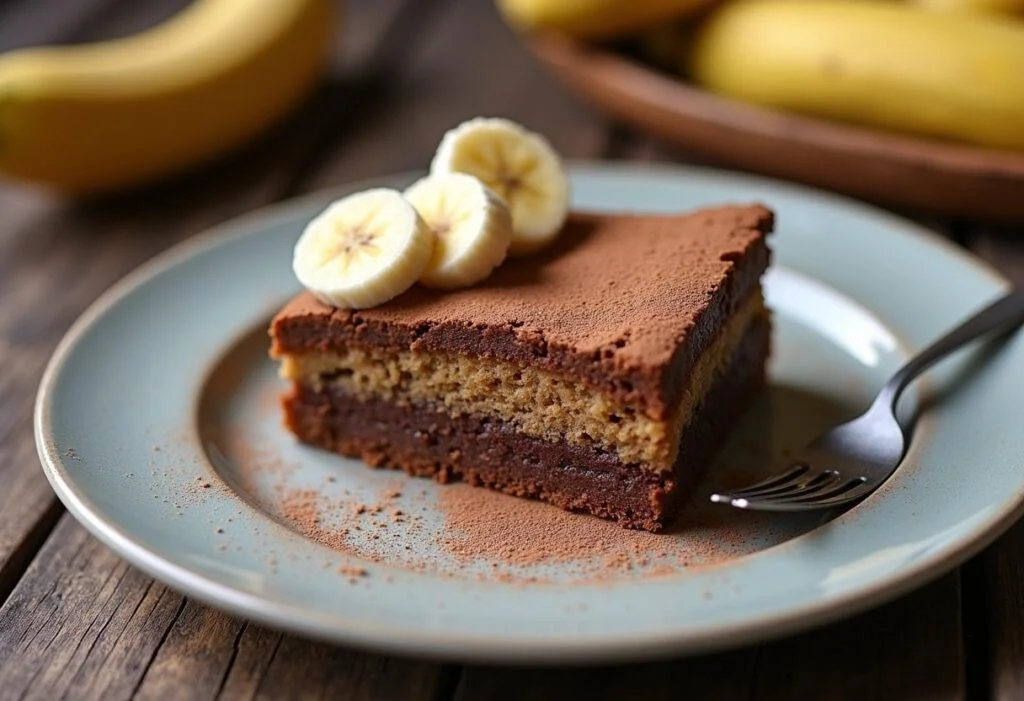 Slice of vegan Bananen Schoko Kuchen served with banana slices and cocoa powder, perfect for dessert.