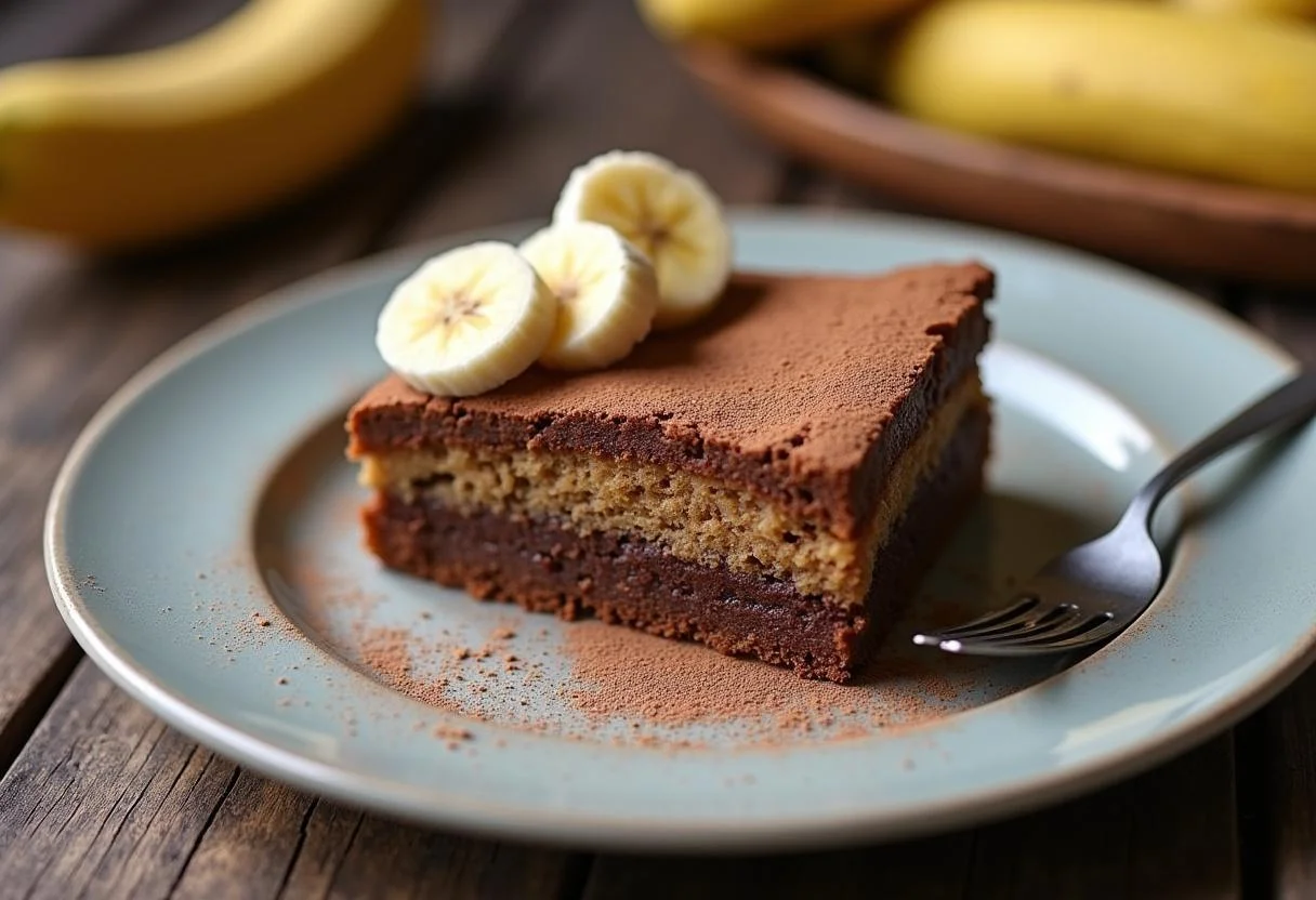 Slice of vegan Bananen Schoko Kuchen served with banana slices and cocoa powder, perfect for dessert.