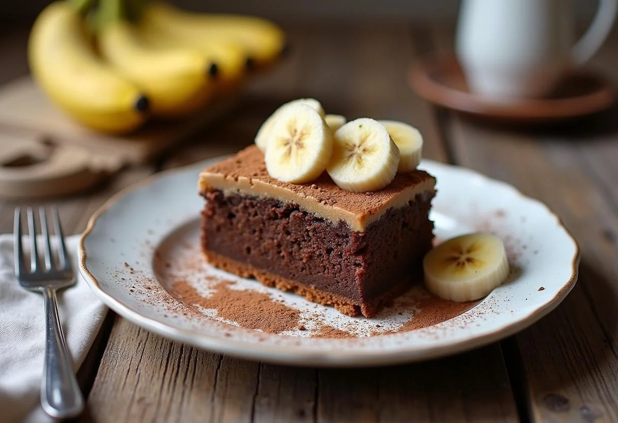 Slice of vegan Bananen Schoko Kuchen served with banana slices and cocoa powder, perfect for dessert.