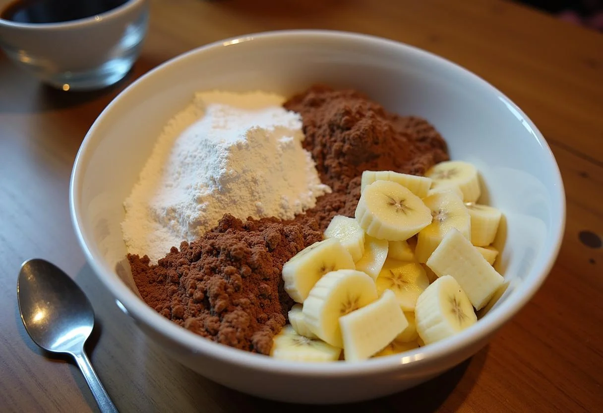 Mashed bananas and dry ingredients for vegan Bananen Schoko Kuchen recipe in a mixing bowl.
