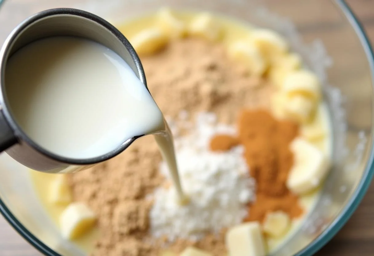 Almond milk being added to the batter for vegan Bananen Schoko Kuchen preparation.