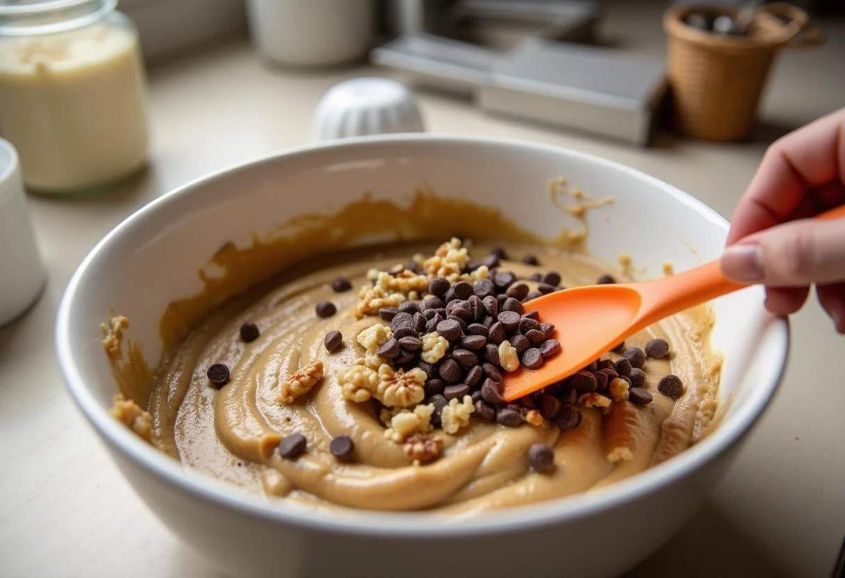 Folding walnuts and chocolate chips into the batter for delicious Bananen Schoko Kuchen.