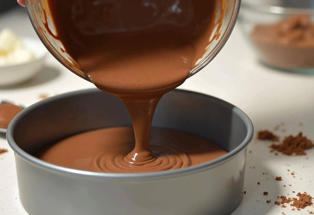 Chocolate banana batter being poured into the pan for baking vegan Bananen Schoko Kuchen.