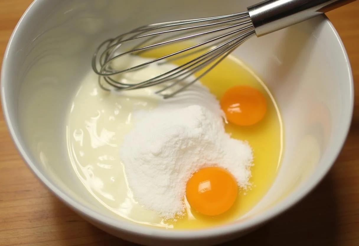 Zutaten für den saftigen Joghurt Kuchen: griechischer Joghurt, Zucker und Eier in einer Schüssel.