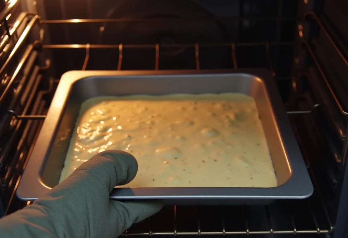 Kuchenform mit Joghurt Teig wird in den Ofen geschoben für das Rezept des saftigen Joghurt Kuchens.