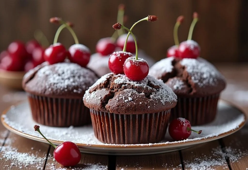 Fertige kirsch schoko muffins dekoriert mit Kirschen und Puderzucker, ideal für jeden Anlass.