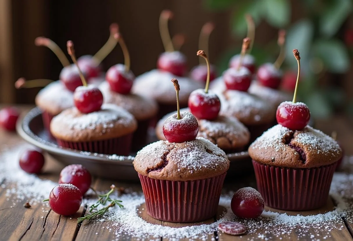 Fertige kirsch schoko muffins dekoriert mit Kirschen und Puderzucker, ideal für jeden Anlass.