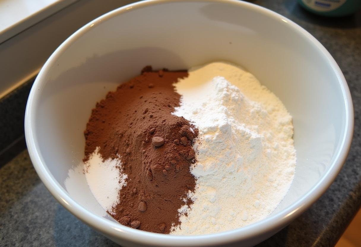 Zutaten für kirsch schoko muffins in einer Schüssel vermischt für das Rezept.