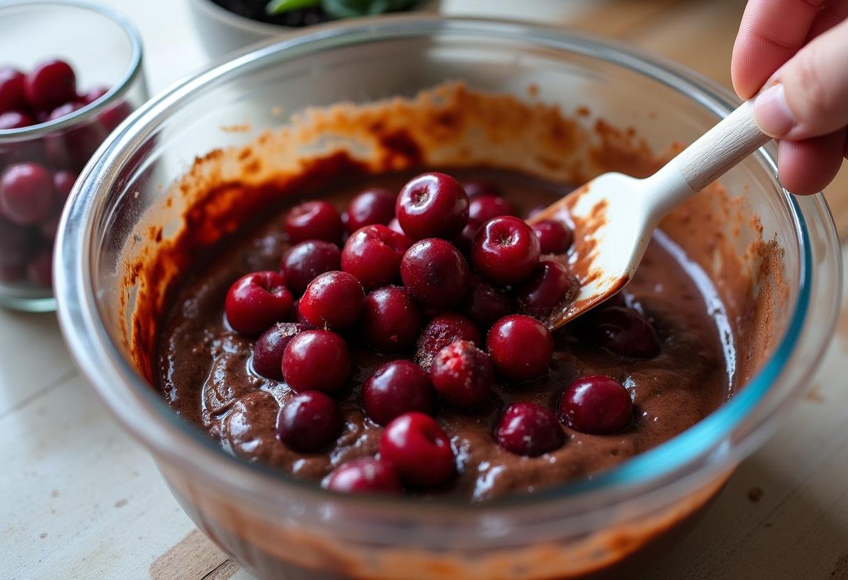 Eingefaltete Kirschen in den Teig für kirsch schoko muffins, die fruchtigen Muffins werden vorbereitet.